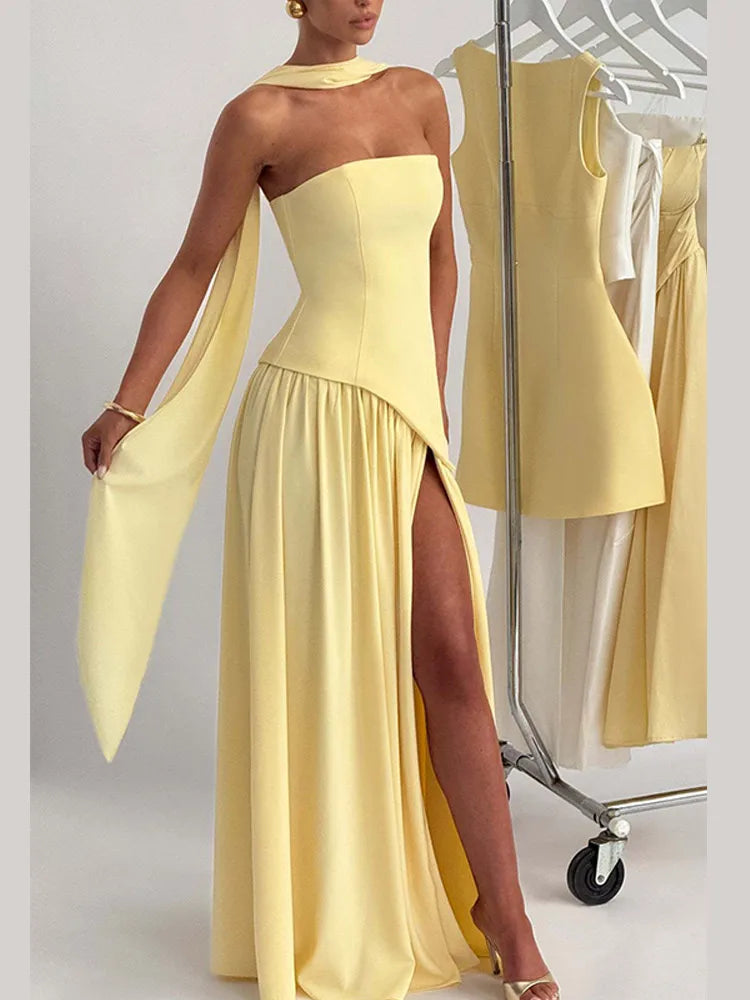 Pale Yellow Patchwork Shawl Dress Women's Elegant Split Sleeve High Waist Slim Fit Maxi Vestidos Lady Evening Party Gowns 2025