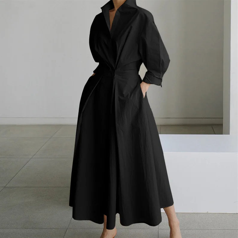 Elegant Women Spring Sundress Lapel Neck Long Sleeve Black Dress 2025 Solid Long Shirt Dress OL Vestidos Robe Femme Streetwear