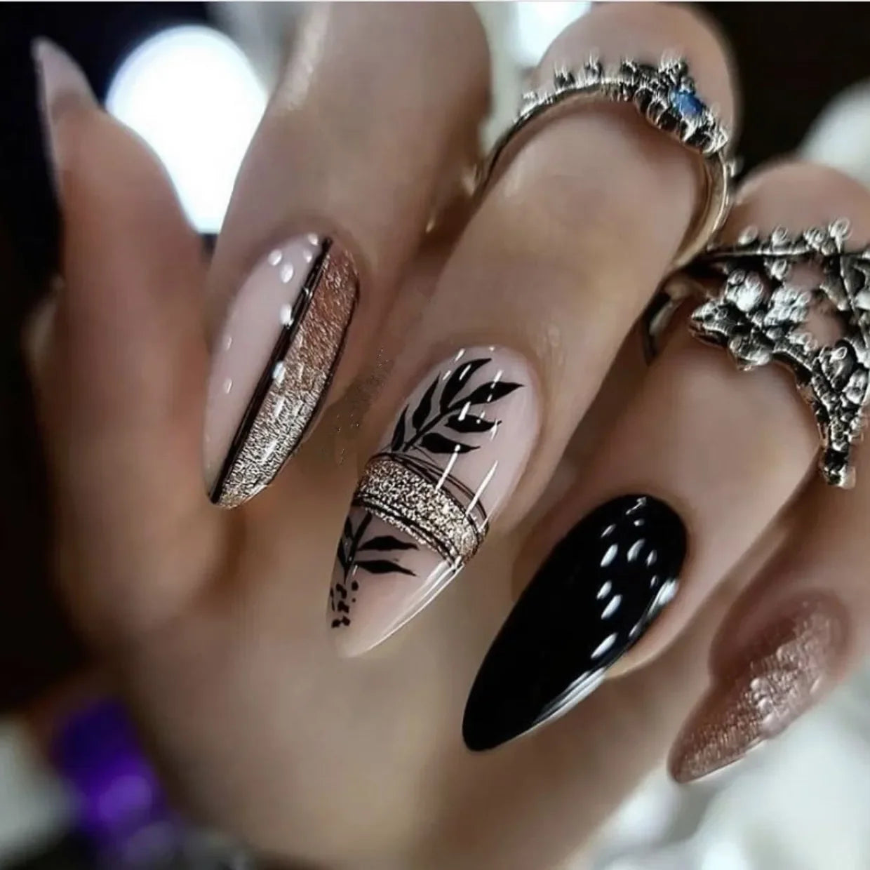 24Pcs Autumn Winter Matte Almond False Nails with Glue Rose Leaf Printing Nail Art Simple Full Cover Press on Acrylic Nails Tips