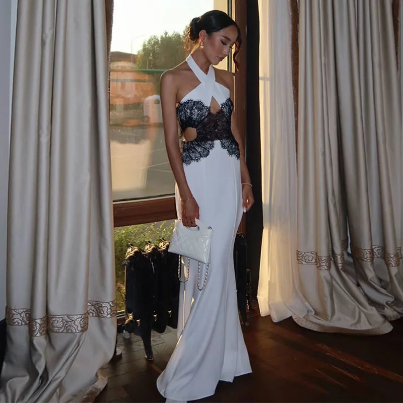 Sexy Halter Lace Splicing Hollow Out Long Dress Women Sleeveless Backless Hip Package Party Dresses 2025 Summer Evening Robes