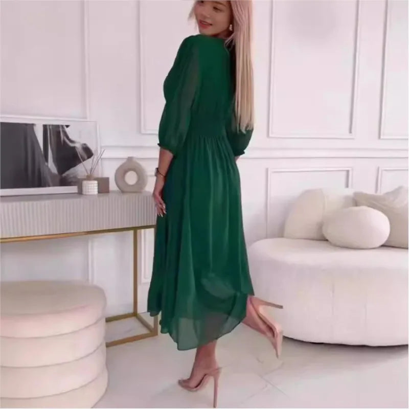 Sexy V Neck Solid Chiffon Long Dress Women Spring Elegant High-waisted Slim Party Dress Autumn 3/4 Sleeve A-Line Bohemian Dress