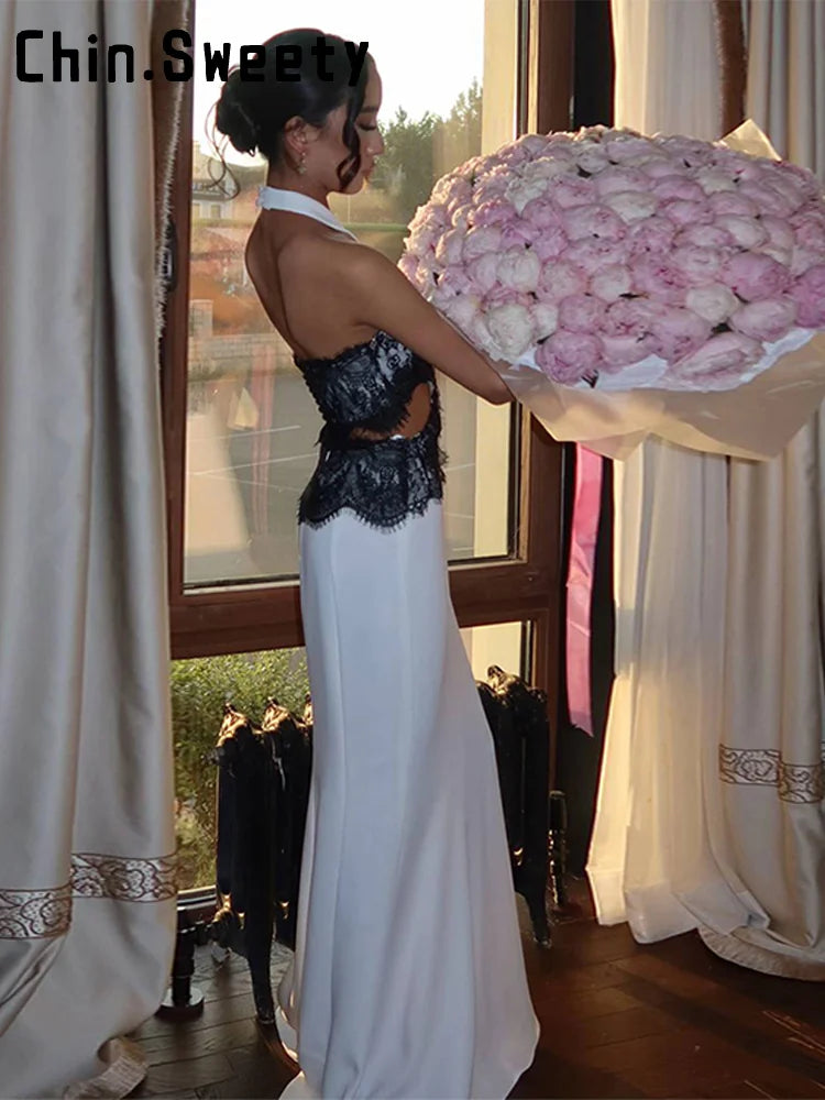 Sexy Halter Lace Splicing Hollow Out Long Dress Women Sleeveless Backless Hip Package Party Dresses 2025 Summer Evening Robes