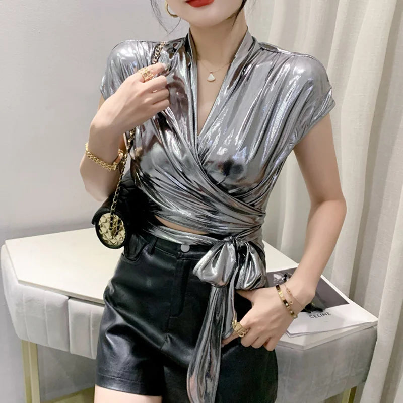 Street wear Gold Silver Green Shinny Short Sleeve Blouse Women Sexy Irregular Short Wrap Shirt Female Bandage Summer Tops