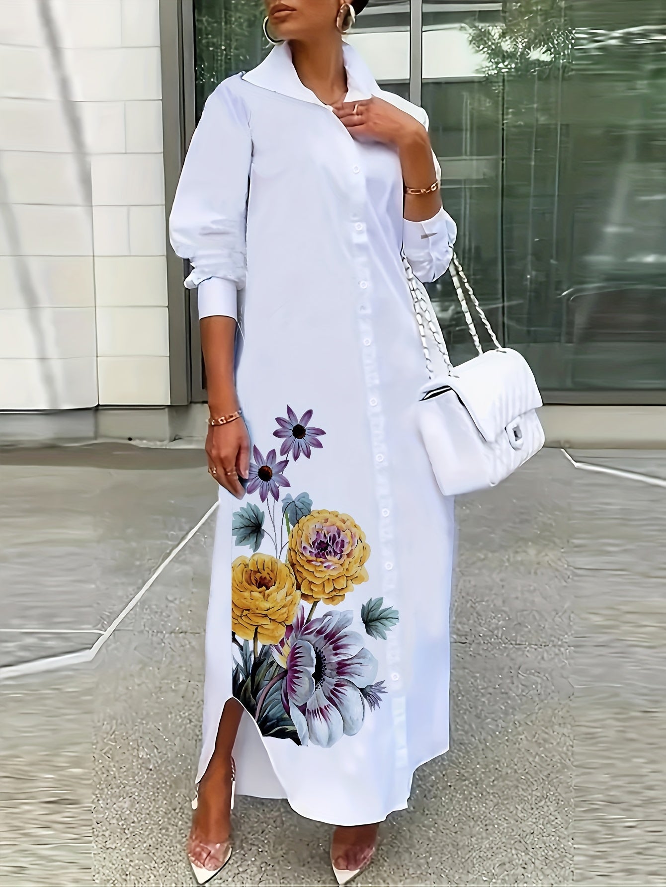 Women's Plus Size Floral Print Shirt Dress - Elegant Collared Long Sleeve Machine Washable A-Line Midi Dress for Spring Summer Fall, Casual to Semi-Formal Wear, Seasonal Fashion, Foldover Collar, Nontransparent Fabric, No Stretch Material, Fall Outfit, Du