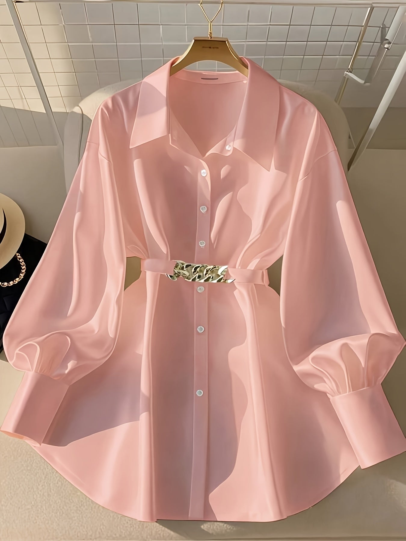 Vacation Style Women's Spring/Autumn Casual Loose Single-Breasted Buttoned Blouse with Belt, Fashionable Shirt Top