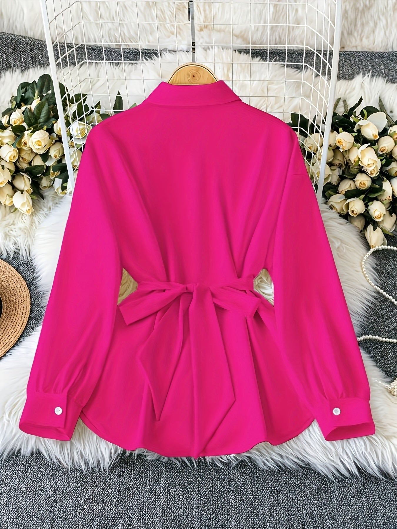 Vacation Style Women's Spring/Autumn Casual Loose Single-Breasted Buttoned Blouse with Belt, Fashionable Shirt Top