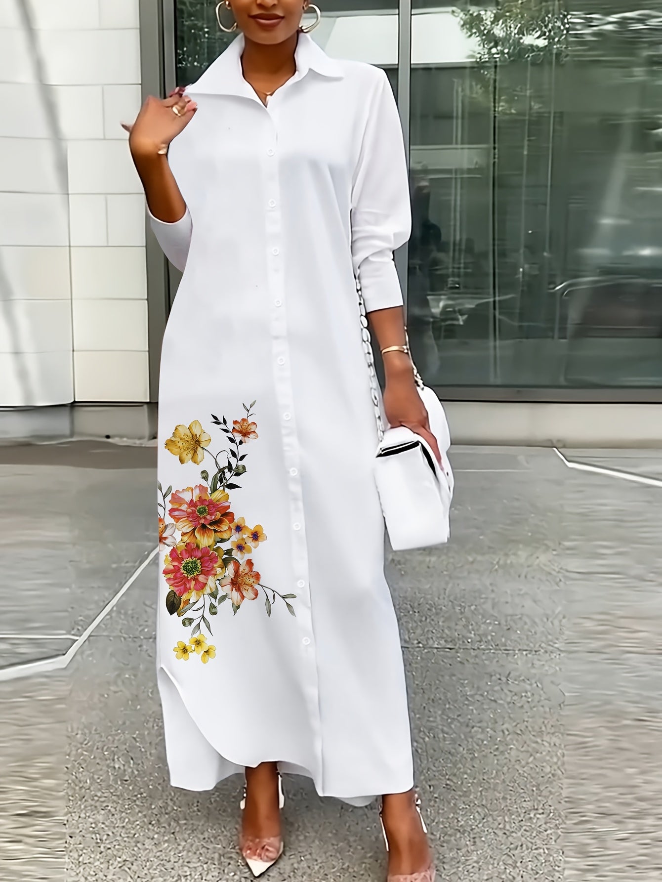 Women's Plus Size Floral Print Shirt Dress - Elegant Collared Long Sleeve Machine Washable A-Line Midi Dress for Spring Summer Fall, Casual to Semi-Formal Wear, Seasonal Fashion, Foldover Collar, Nontransparent Fabric, No Stretch Material, Fall Outfit, Du