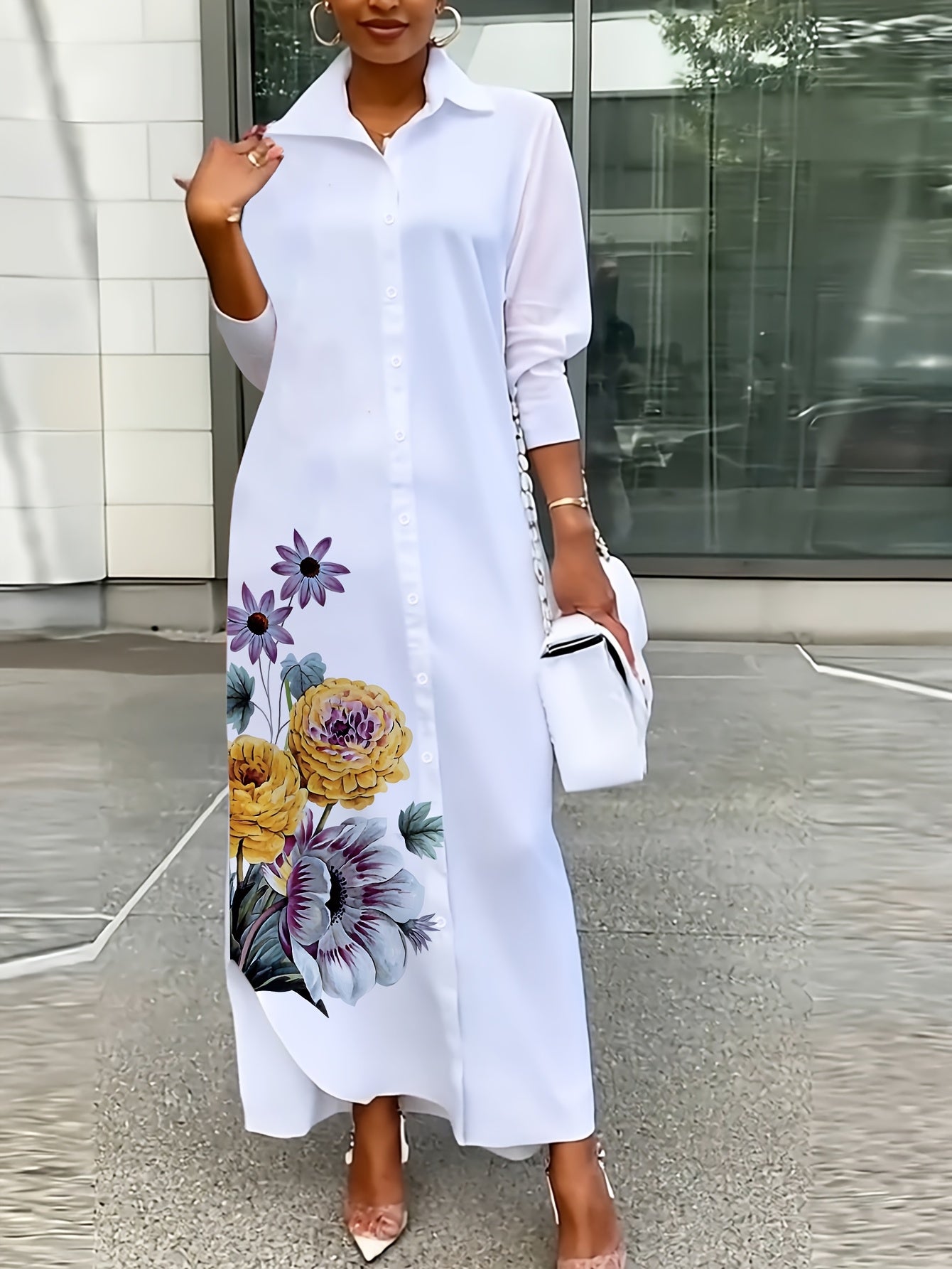 Women's Plus Size Floral Print Shirt Dress - Elegant Collared Long Sleeve Machine Washable A-Line Midi Dress for Spring Summer Fall, Casual to Semi-Formal Wear, Seasonal Fashion, Foldover Collar, Nontransparent Fabric, No Stretch Material, Fall Outfit, Du