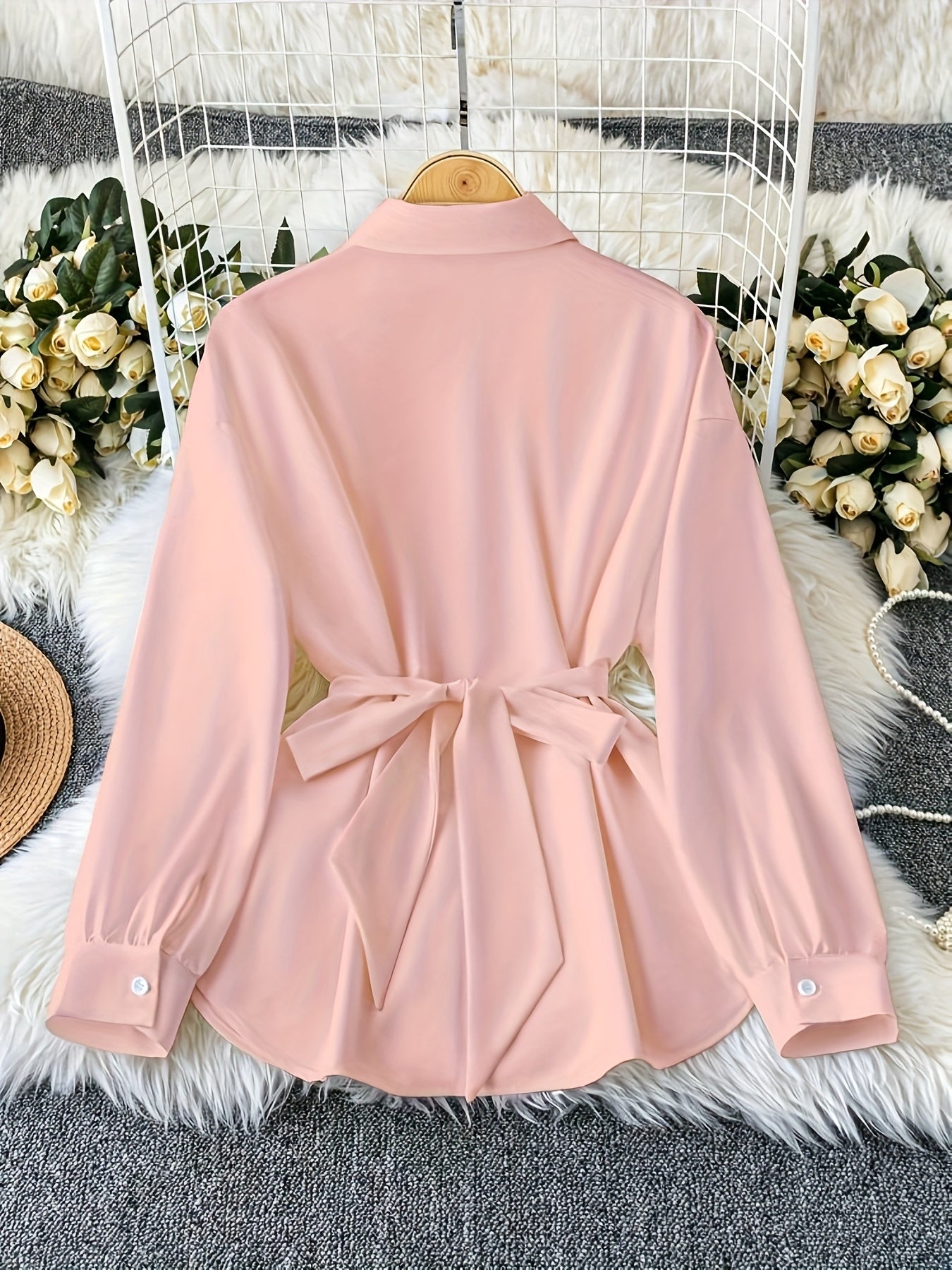 Vacation Style Women's Spring/Autumn Casual Loose Single-Breasted Buttoned Blouse with Belt, Fashionable Shirt Top