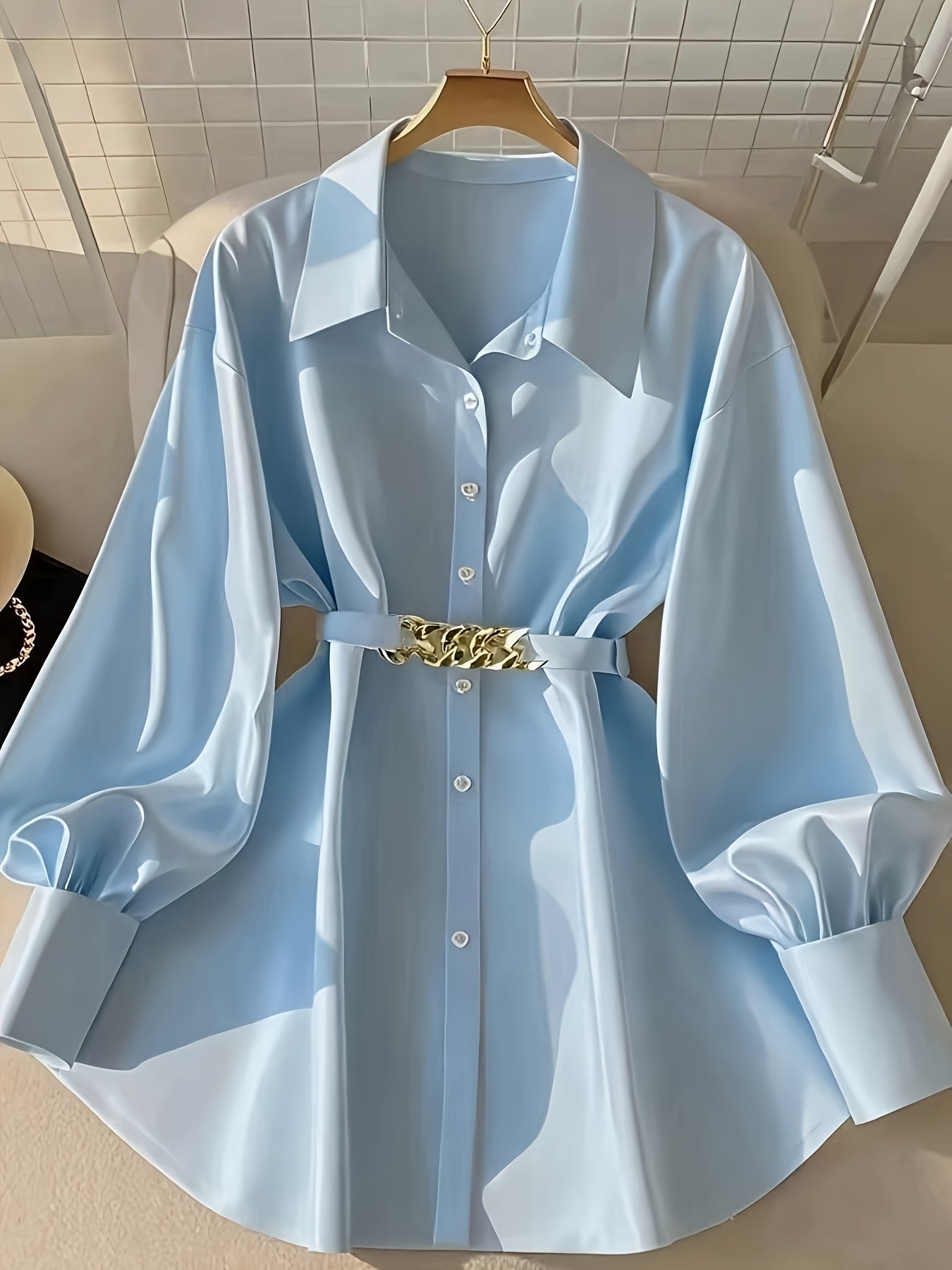 Vacation Style Women's Spring/Autumn Casual Loose Single-Breasted Buttoned Blouse with Belt, Fashionable Shirt Top